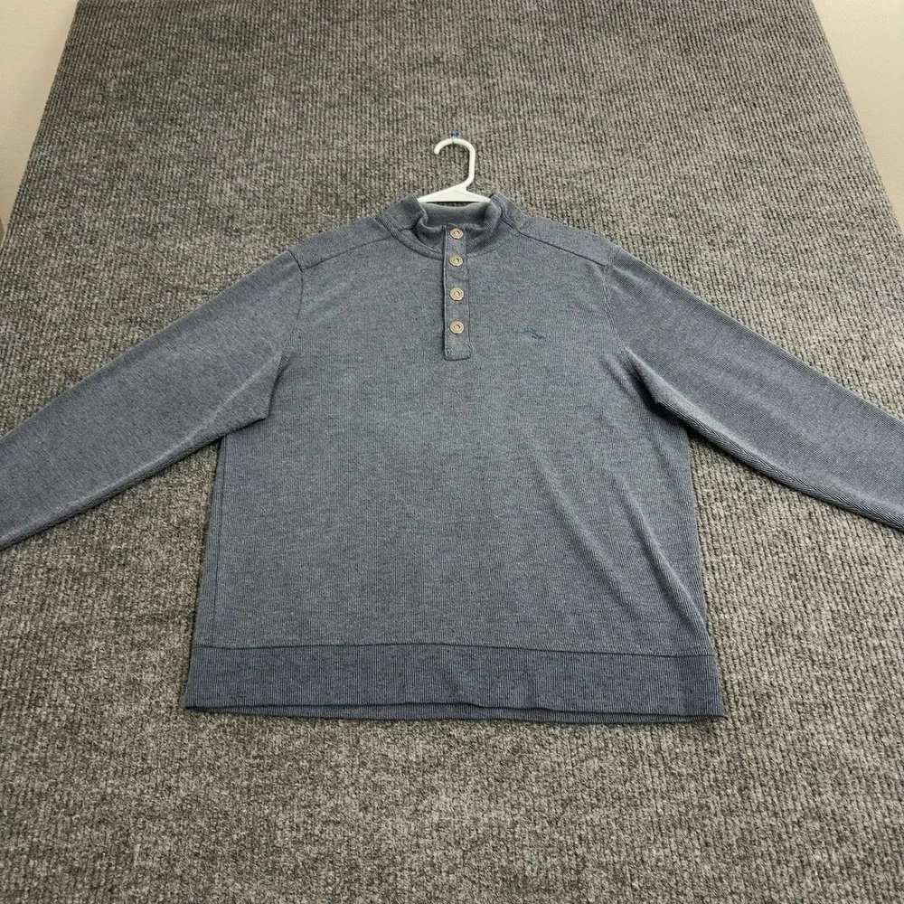 Tommy Bahama Pullover‎ Mens M Blue Cotton Blend Mock Neck Quarter Button Casual